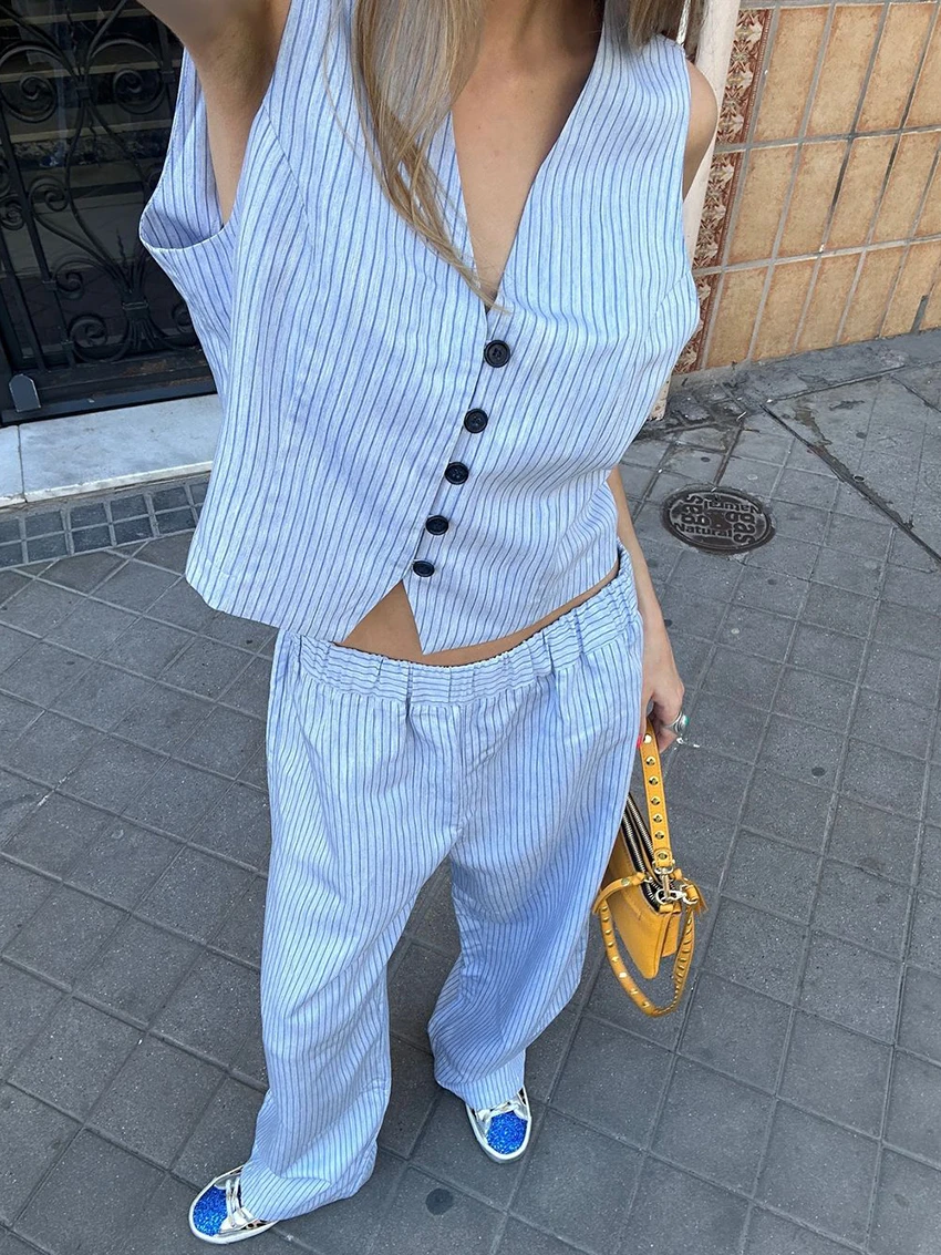 Marthaqiqi Striped Women Pajamas Set Sexy Sexy V-Neck Sleepwear Crop Top Nightwear Tank Tops Nightgown Pants Ladies Nightie Suit