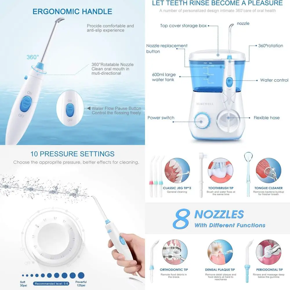 

Электрический ирригатор для полости рта 600 мл с 10 режимами давления и 8 насадками для семейного ухода за полостью рта
