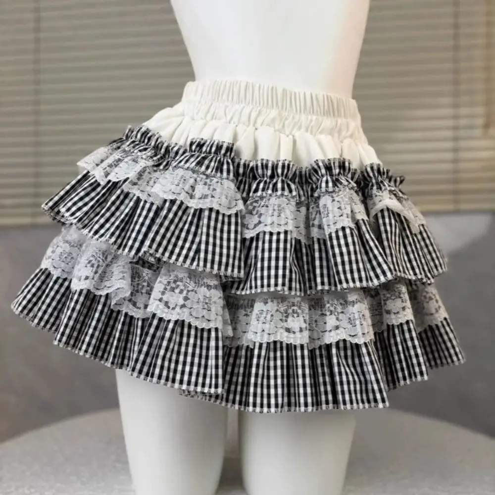 لوليتا الدانتيل شبكة كعكة تنورة منقوشة شريط عالية الخصر JK ألف خط تنورة قصيرة متعددة الطبقات الحلو الدانتيل مطوي التنانير الصغيرة الفتيات