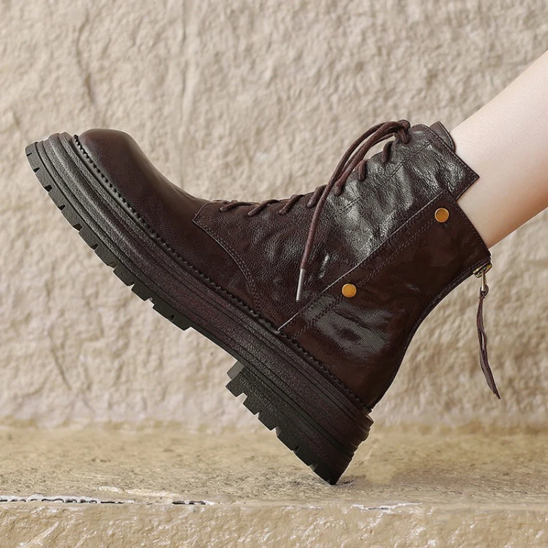 خريف جديد لعام 2025 أحذية جلدية عالية للكاحل أحذية قصيرة متينة برأس مستدير أحذية نسائية عصرية للخروج بجزء سفلي سميك ЖеСы БТНК #6