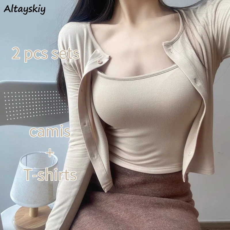 Women Summer Sets Korean All-match Slim Sexy Girls Solid Sun Protection Young Thin Ins Camis Long Sleeve T-shirts 2 Piece Simple