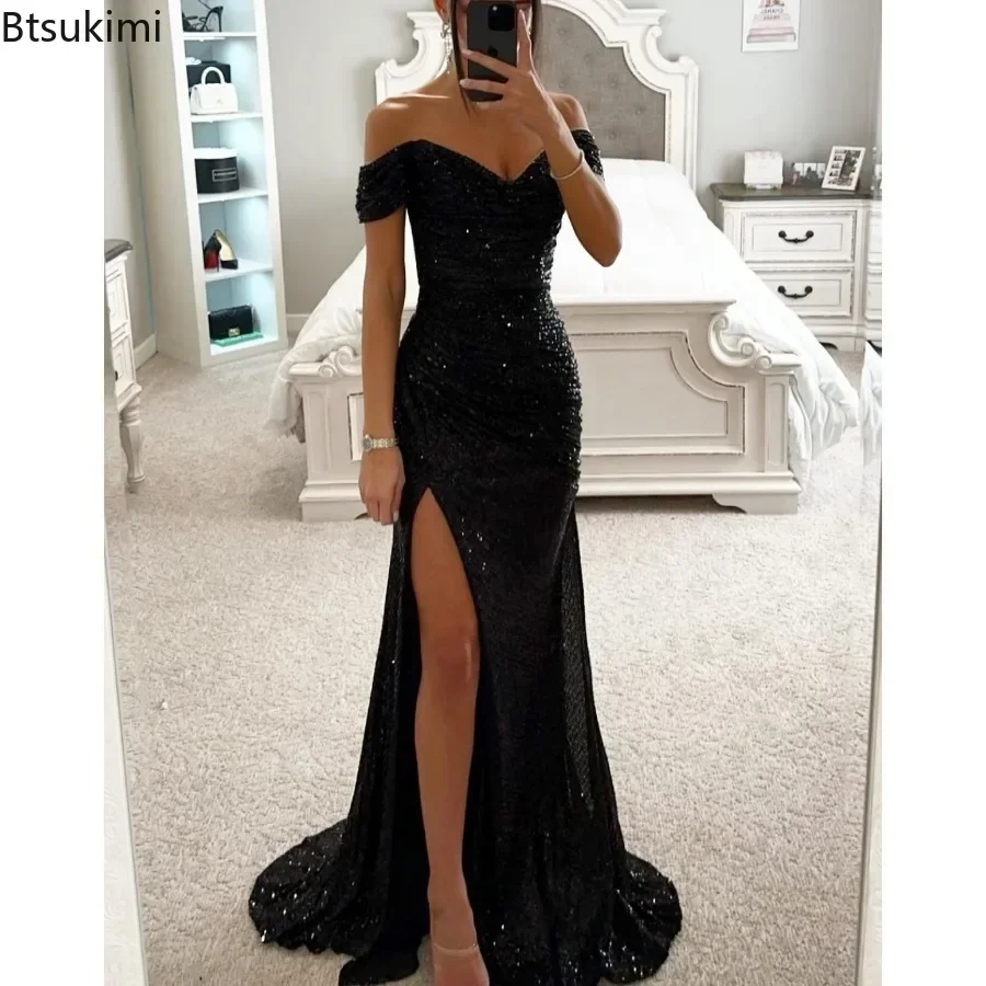 2024 Women\'s Luxury High Split Club Party Evening Dress Sexy Banquet Slim Waisted Female Dress Elegant V-Neck Slim Long Dress