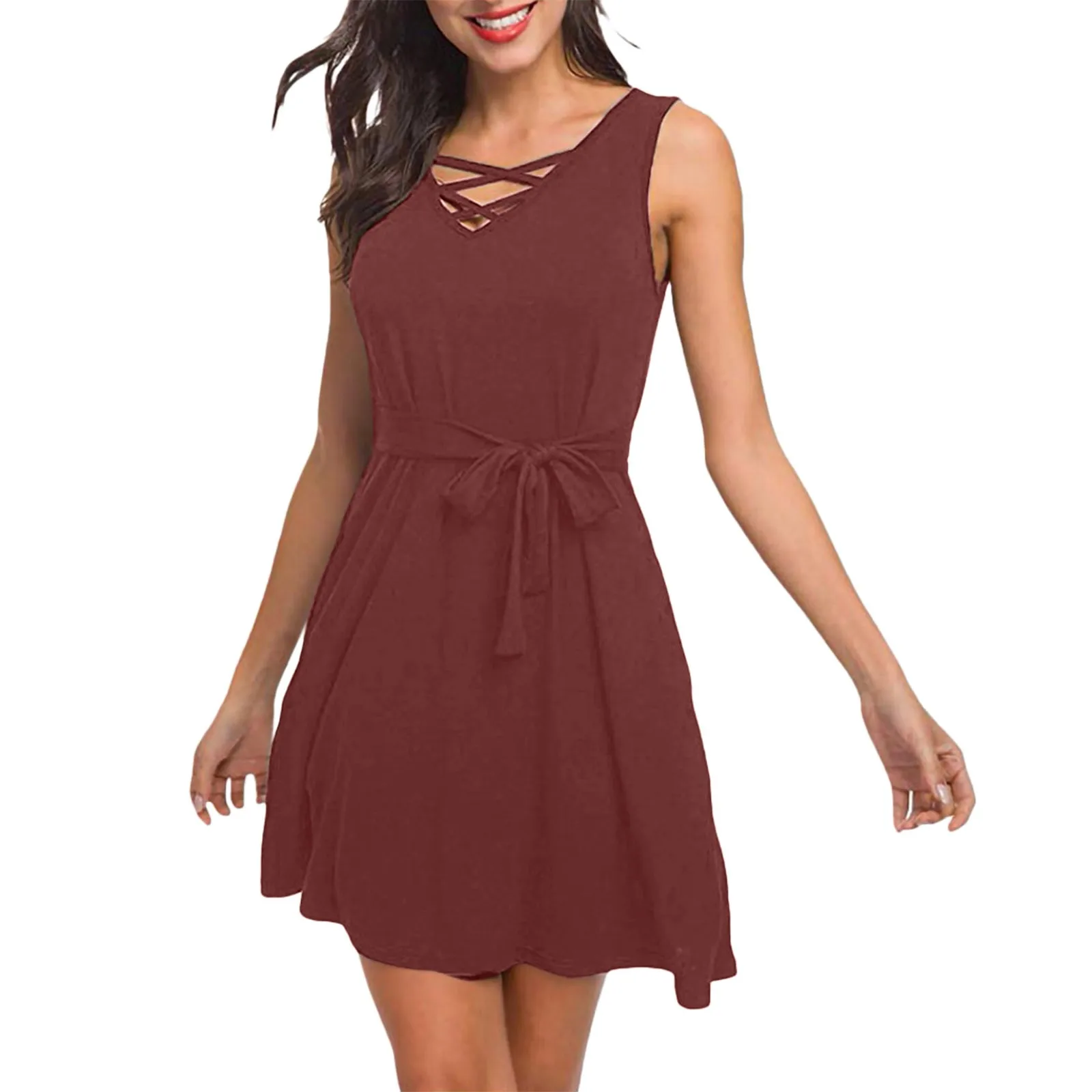 

Women Sleeveless V Neck Lace Up Swing T Shirt Dresses With Pockets Women Sundresses