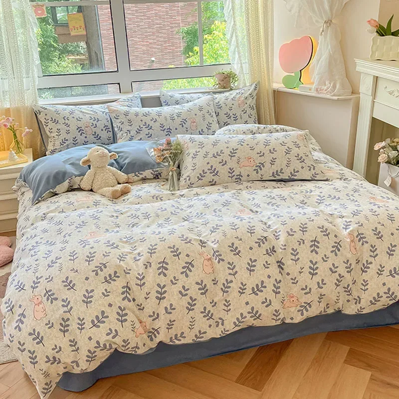 Pastoral Printed 100% Cotton Thick Bedding Set 160X210Cm Quilt Cover Sets for Adults Warm Soft Duvet Cover for Autumn Winter