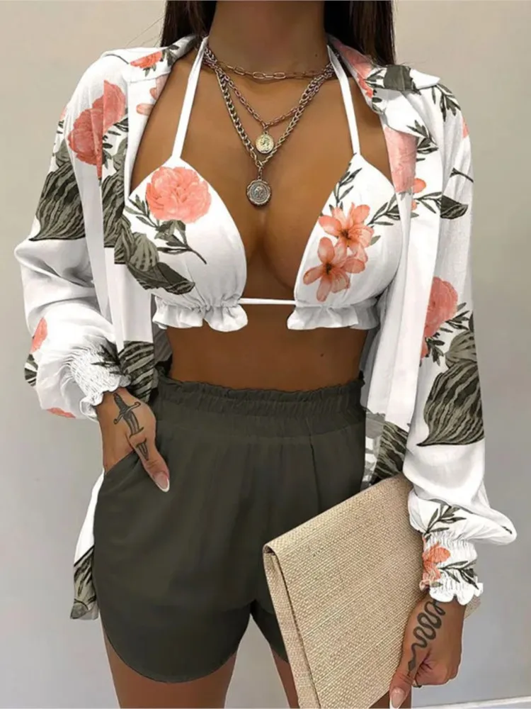 

Summer Fashion Print Three Piece Set Women Sexy Camisole Shirt Cardigan Shorts 3 Piece Sets Female Casual Beach Vacation Set