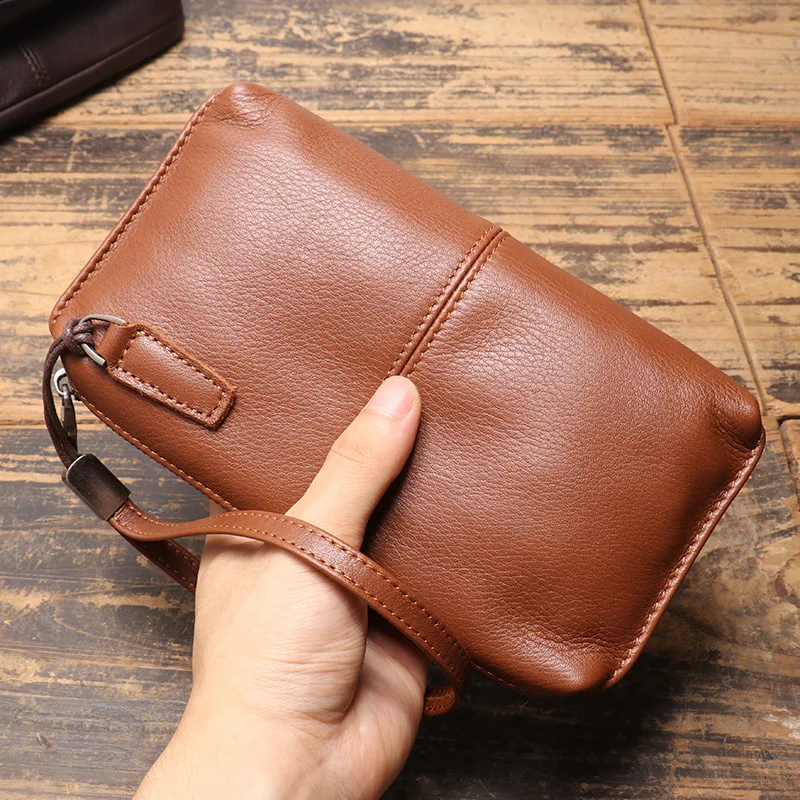 

"New Men's Genuine Leather Zip Long Wallet Soft Pebbled Veg-Tanned Leather Top Grain Casual Phone Pouch Size 12x3x21cm Weight 0.