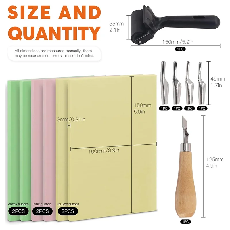 

AC23-12 шт. Набор для изготовления резиновых штампов с блоком штампов, резиновым роликом Brayer, режущим инструментом для резьбы по резине и дереву, простая установка