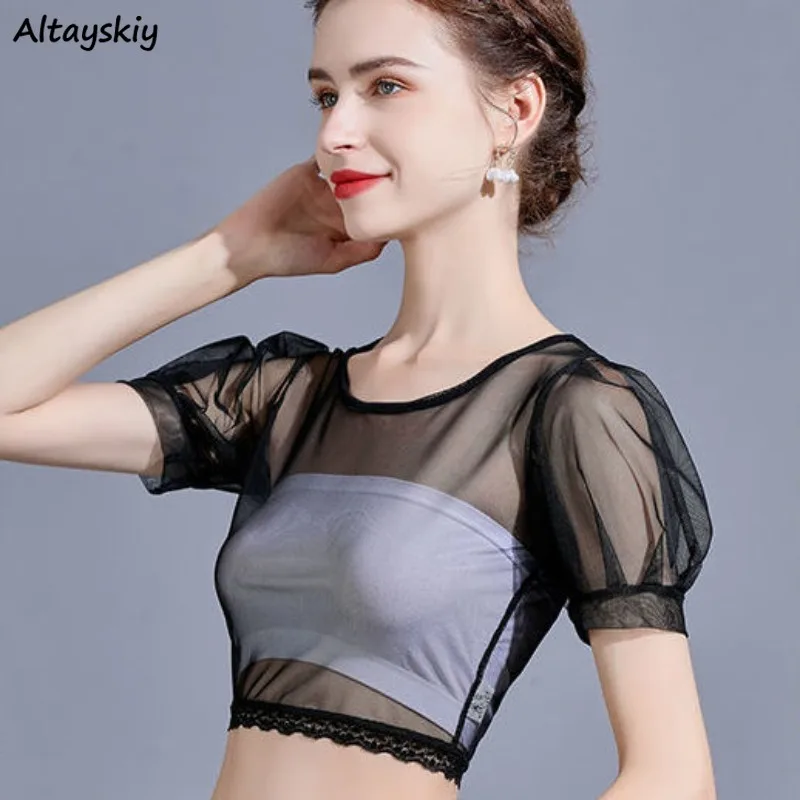 Women T-shirts Puff Sleeve New Summer Design Simple Elegant Inside All-match Slim Ulzzang Feminino Pure Sexy Crop Sweet Clothes