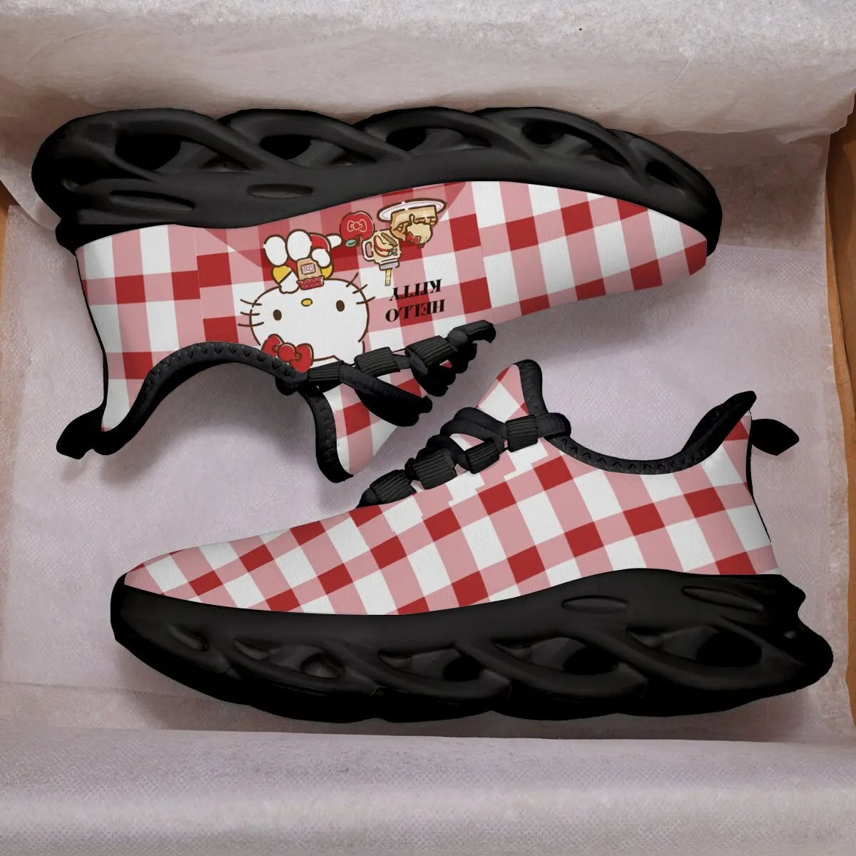 

Kids Running Shoes Hello Kitty Red And White Checkered Print Casual Sneakers Outdoor Youngsters Teens Casual Walking Sneakers