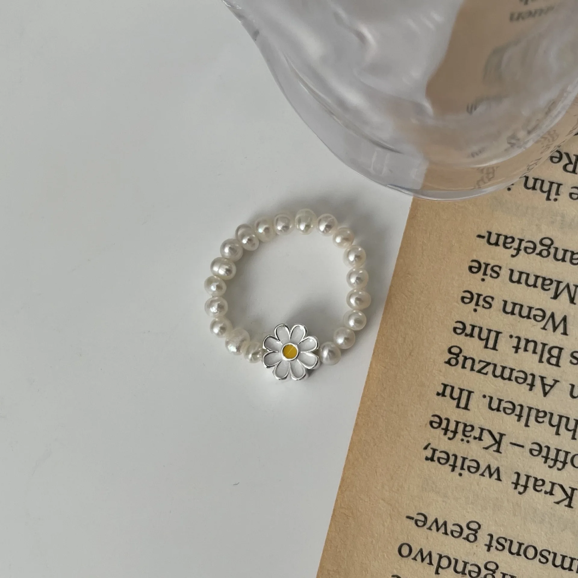 

s925 sterling silver natural freshwater pearl enamel daisy elastic ring ins Chinese style women's adjustable open ring
