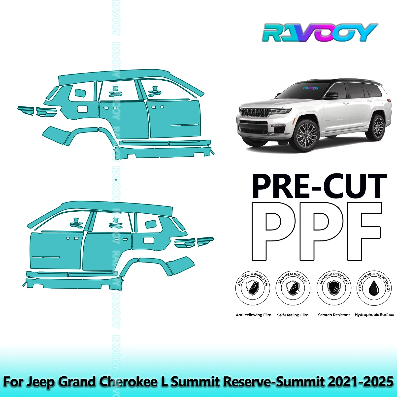 

For Jeep Grand Cherokee L Summit Reserve-Summit 2021-2025 8.5mil Pre-Cut PPF Door & A/B Pillar Kit TPU Paint Protection Film Set