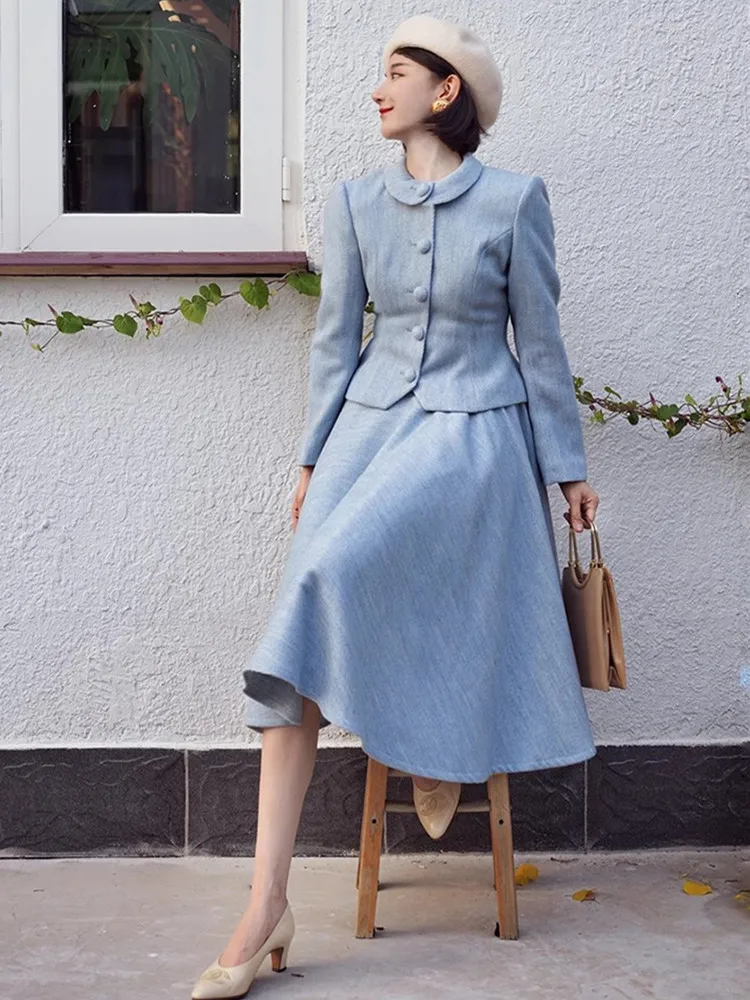 88-96cm Bust Wool Jacket Skirt Sets Women Vintage Elegant Slim Fall Winter Hepburn Style 2 Piece Set Short Woolen Coat+Skirt Set