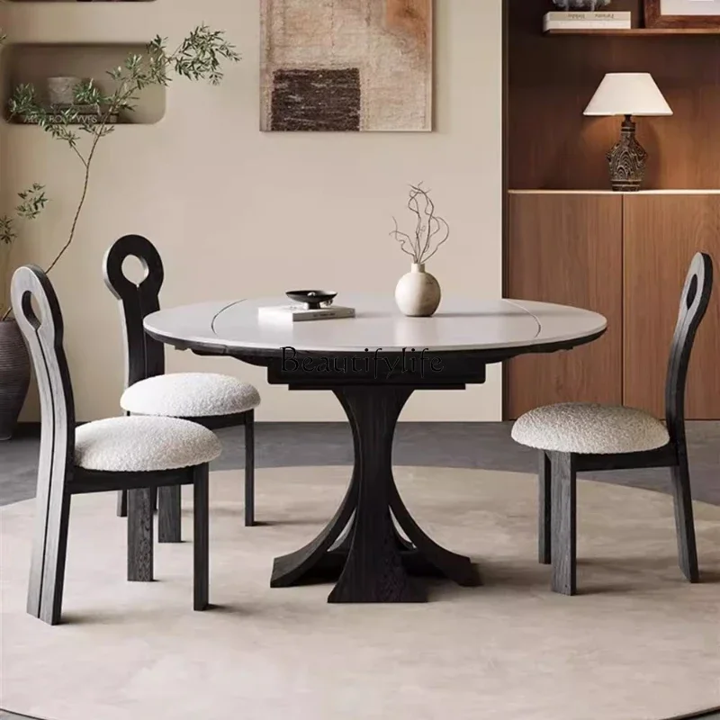 

LJYWabi-Sabi Style Solid Wood and Stone Dining Table and Chair Set for Home Use, Ash Wood, Extendable and Foldable