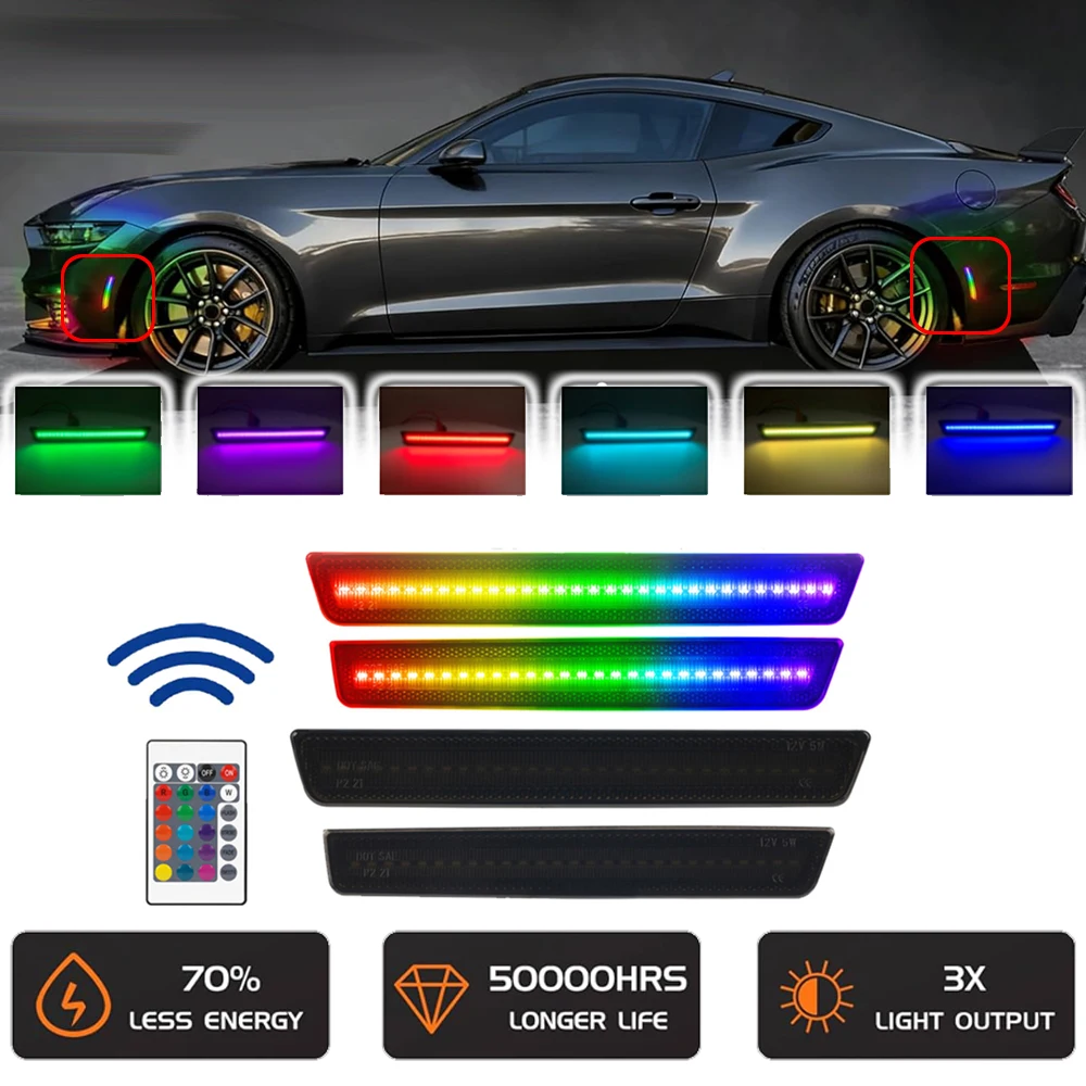 

Changeable Car Front Rear LED Fender Side Marker Light for Dodge Challenger 2015-2023 Strobe RGB Flashing Lamp Smoked Lens