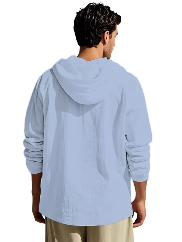 Herren Baumwoll-Leinen Kapuzen-Henley-Shirt Pullover Atmungsaktiv Bequem Neuer Stil Vielseitige Freizeitkleidung – Detail 31