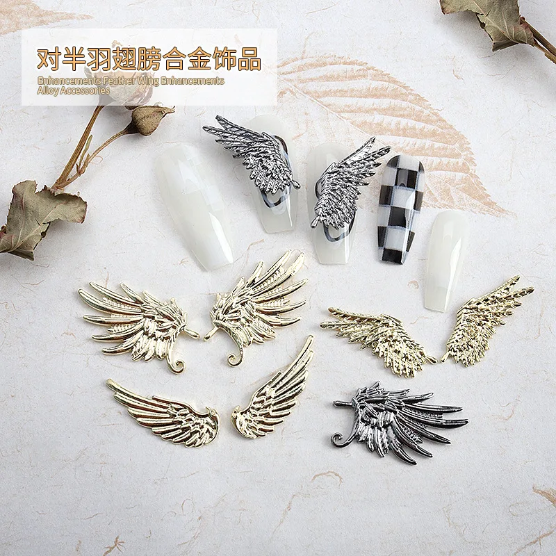 5 Pairs Punk Metallic Gold SIlver Big Half Feather Angel Wings Alloy Nail Art Rhinestones Decorations Manicure Retro Ornaments