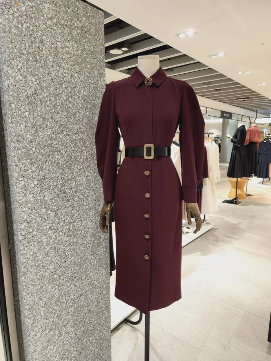 

Elegant Mid-Length Long-Sleeve Shirt Collar Dress with Belt And Cuffed Sleeves for Commuting High Waist A-Line Silhouette