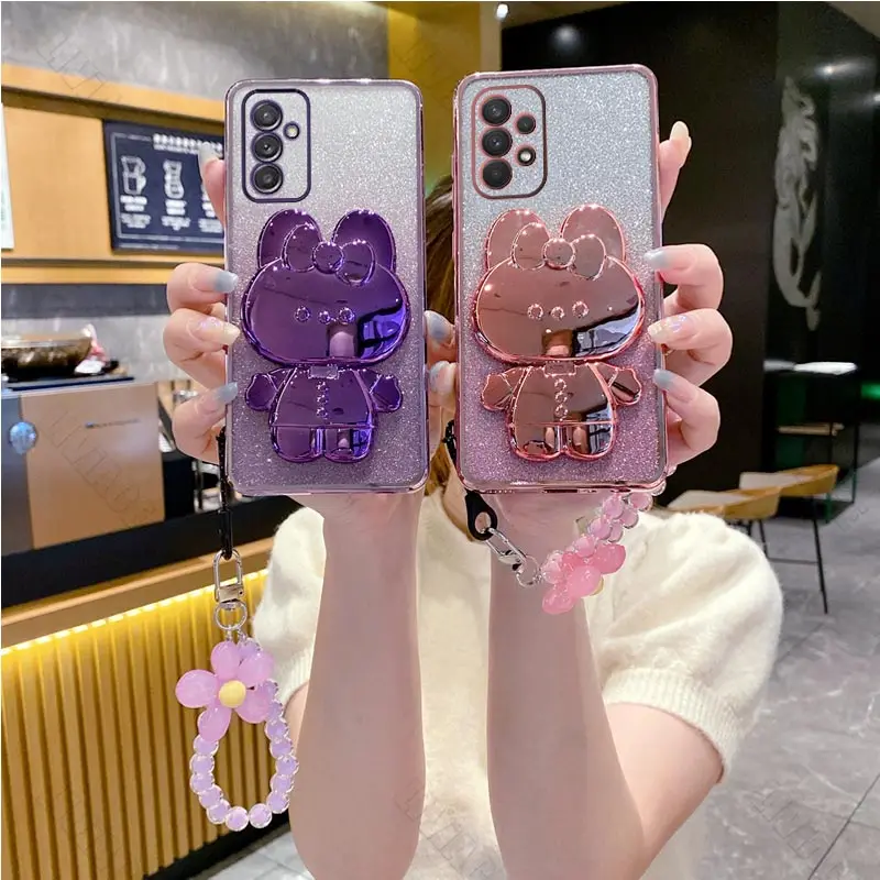 Flower Strap Mirror Rabbit Phone Holder Case On For Samsung Galaxy A52 A53 A73 A32 A72 A33 A14 A55 A12 A22 A35 4G 5G Stand Cover