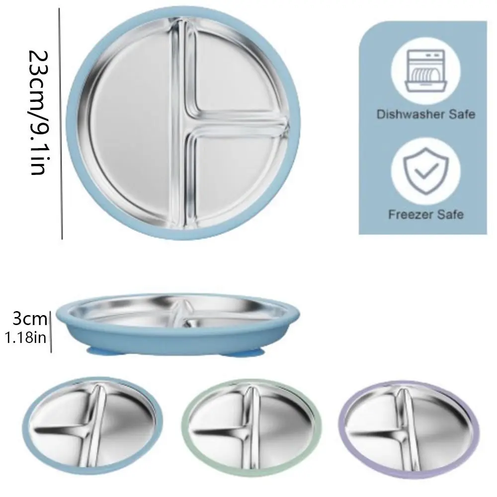 แบ่งออกแบบเด็ก Sucker จานรับประทานอาหาร 304 สแตนเลสสตีลซิลิโคนดูดถ้วยเด็ก 3 กริดจาน Anti-Fall Non-SLIP