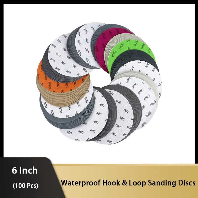 100 Pcs 6 Inch High Performance Waterproof Hook & Loop Sanding Discs Assorted Grit 320-10000 for Polishing Furniture and Metal