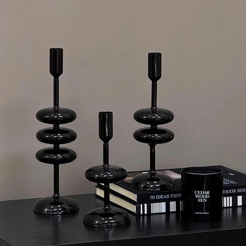 

Vintage Black Glass Candle Holder Elegant Table Centerpiece Luxury Home Desktop Ornament Dining Table Wedding Party Decorations