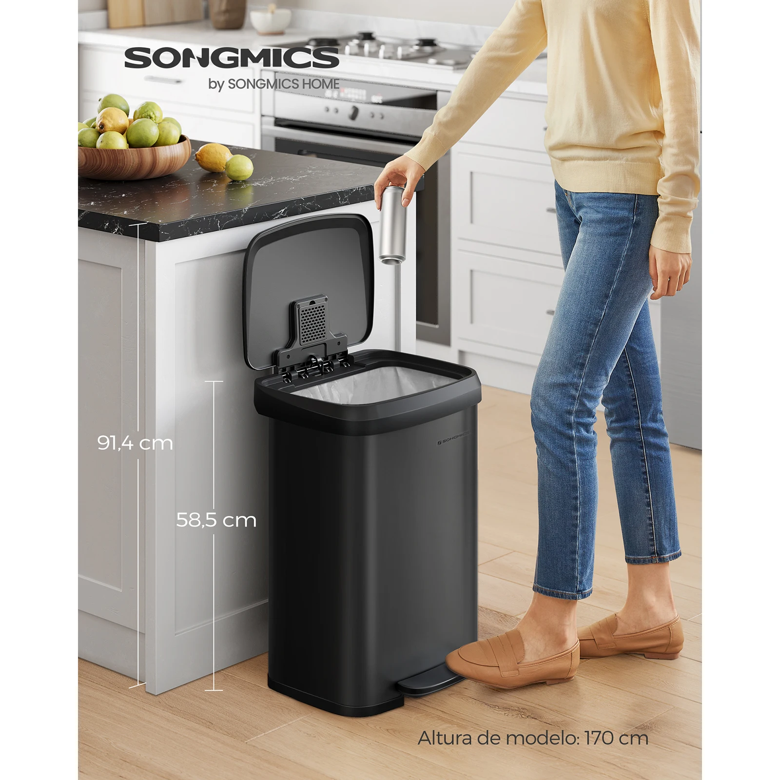 SONGMICS 50L Kitchen Rubbish Bin. Metal Waste Pedal Bin with Lid. Tall, Large. Sand Beige, Dove Grey.