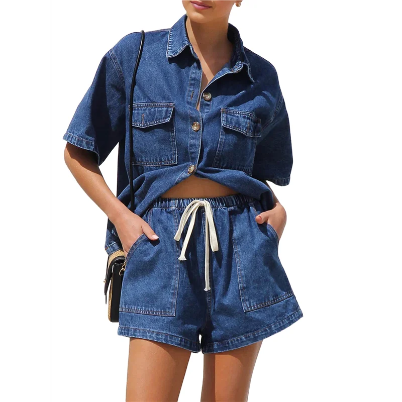 

CYL-Women's Denim 2 Piece Outfits Short Sleeve Button Down Shirt Drawstring Shorts Set Casual Jean Outfits