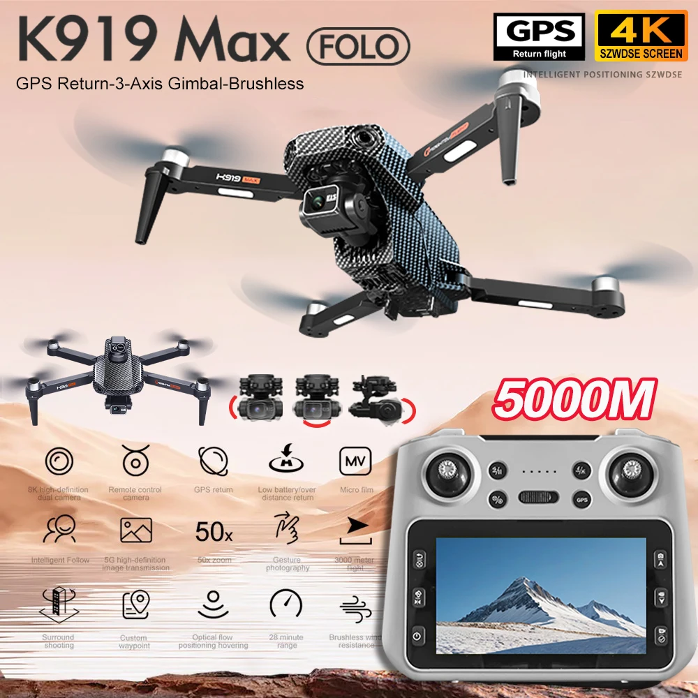 

K919 MAX GPS Drone 4K Professional HD EIS Camera 5G WIFI FPV Brushless 3-axis Gimbal Obstacle Avoidance Screen RC Quadcopter Toy