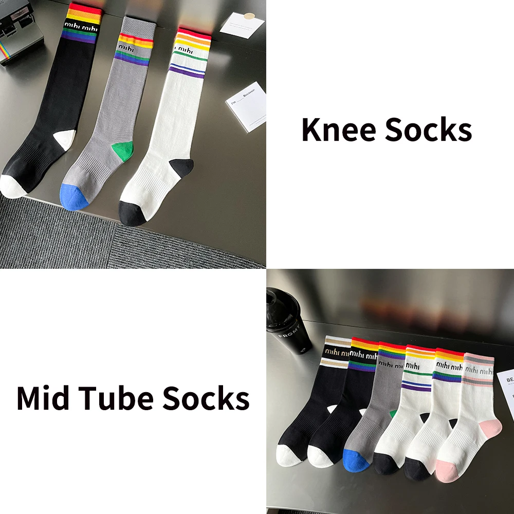 New Rainbow Women's Socks Ins Tide In The Tube Pressure Sports Fitness Yoga Stovepipe Running Half Cotton Letter Calf Stockings