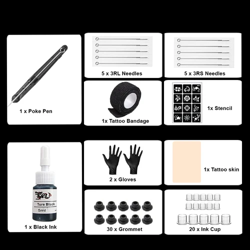 Imagen 2 del producto 1 Juego de Kit de tatuaje de mano y palo, herramienta de soporte de aguja de tatuaje, taza de tinta, pigmento, guante, ojal, vendaje, Kit de palo y poke
