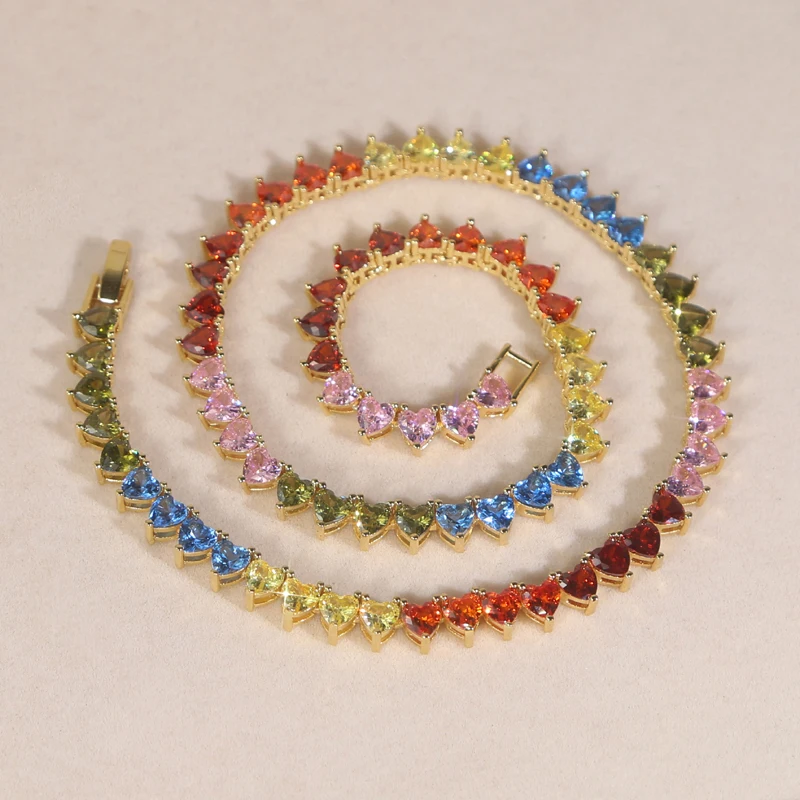 2026 New Arrived Christmas Gift Jewelry Gold Plated Rainbow Heart Shaped Cubic Zirconia CZ Tennis Chain Choker Necklace