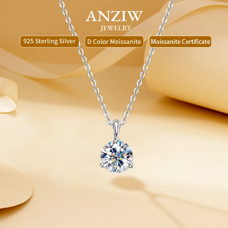 

Anziw 2CT 1CT 1.5CT D Moissanite Solitaire Pendant Necklace 925 Silver for Women Three Claws 8mm 7.5mm Lab Diamond Jewelry Gifts