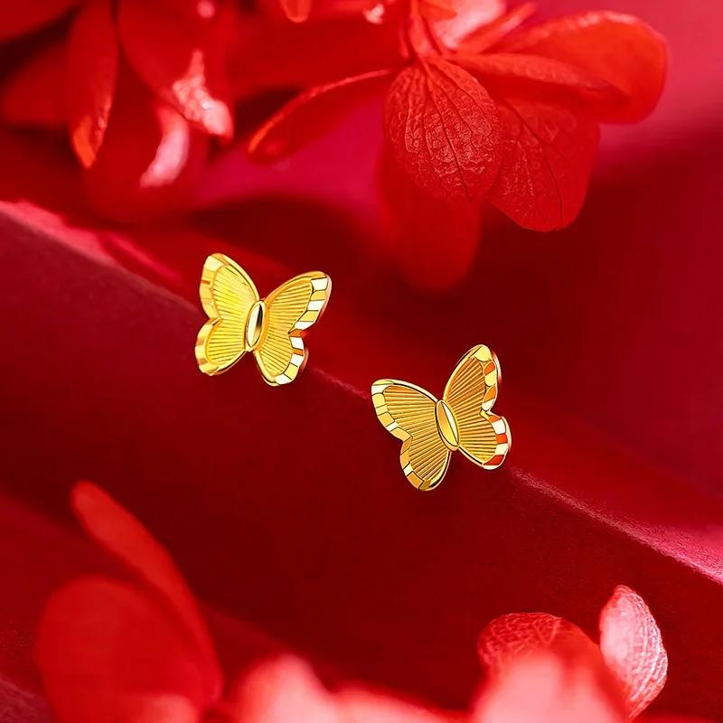 

9999 Real Gold 24K simple and high-end small butterfly stud earrings, gold new butterfly stud earrings