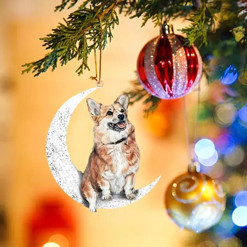 Animal Ornaments Animal Pendant Dog Sit On The Moon Dog Pattern Rope Design Pendant Cute And Durable Perfect For Christmas Tree