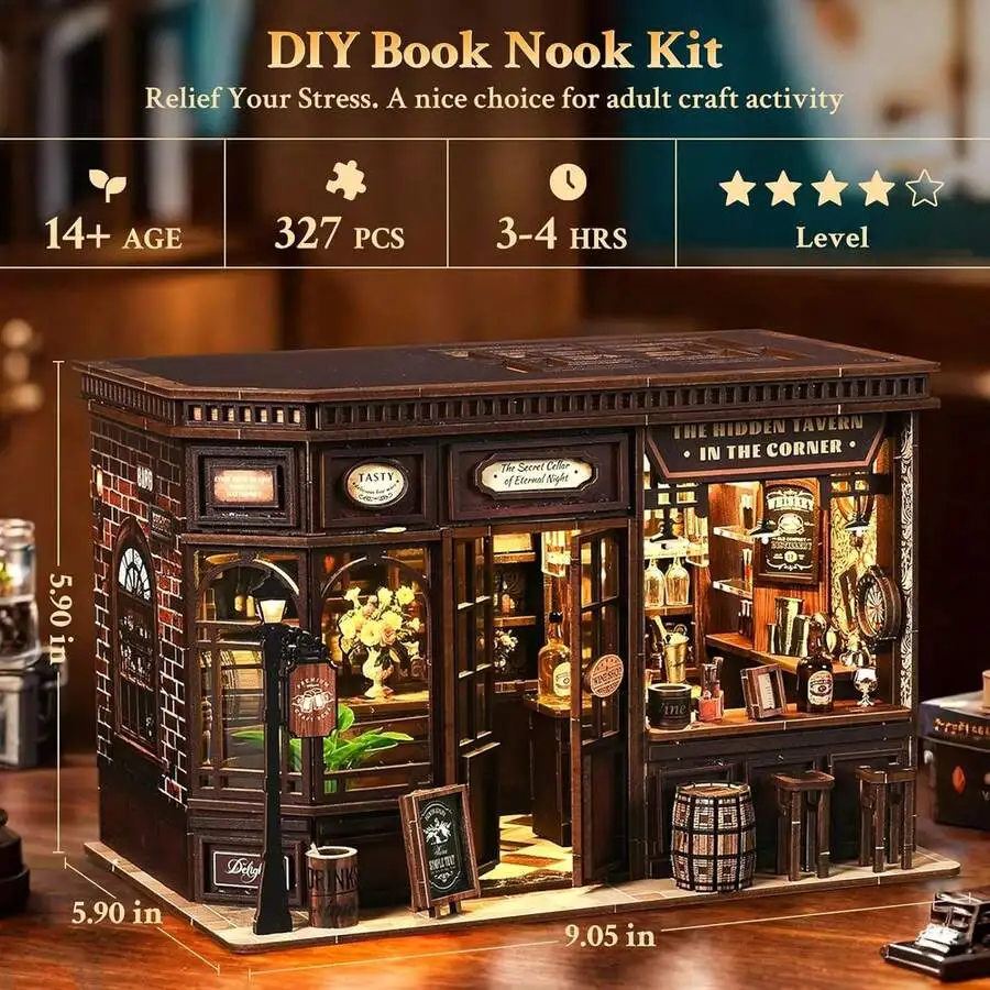 Book Nook Kits For Adults, DIY Miniature House Kits, Booknook Tiny House Bookshelf Decor 3D Wooden Puzzle, Gifts For Family, Fri