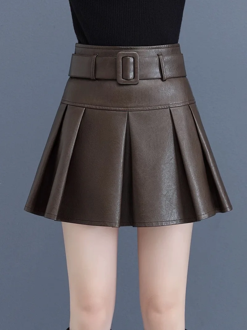 

Y2K Pu Leather Skirt Women High Waist Pleated A Line Puff Raincoat Slimming Short Autumn Winter