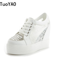 Women Sneakers Wedding Rhinestone Casual Platform Trainers White Mesh Shoes 11CM Heels Breathable Woman Height Increasing Shoes