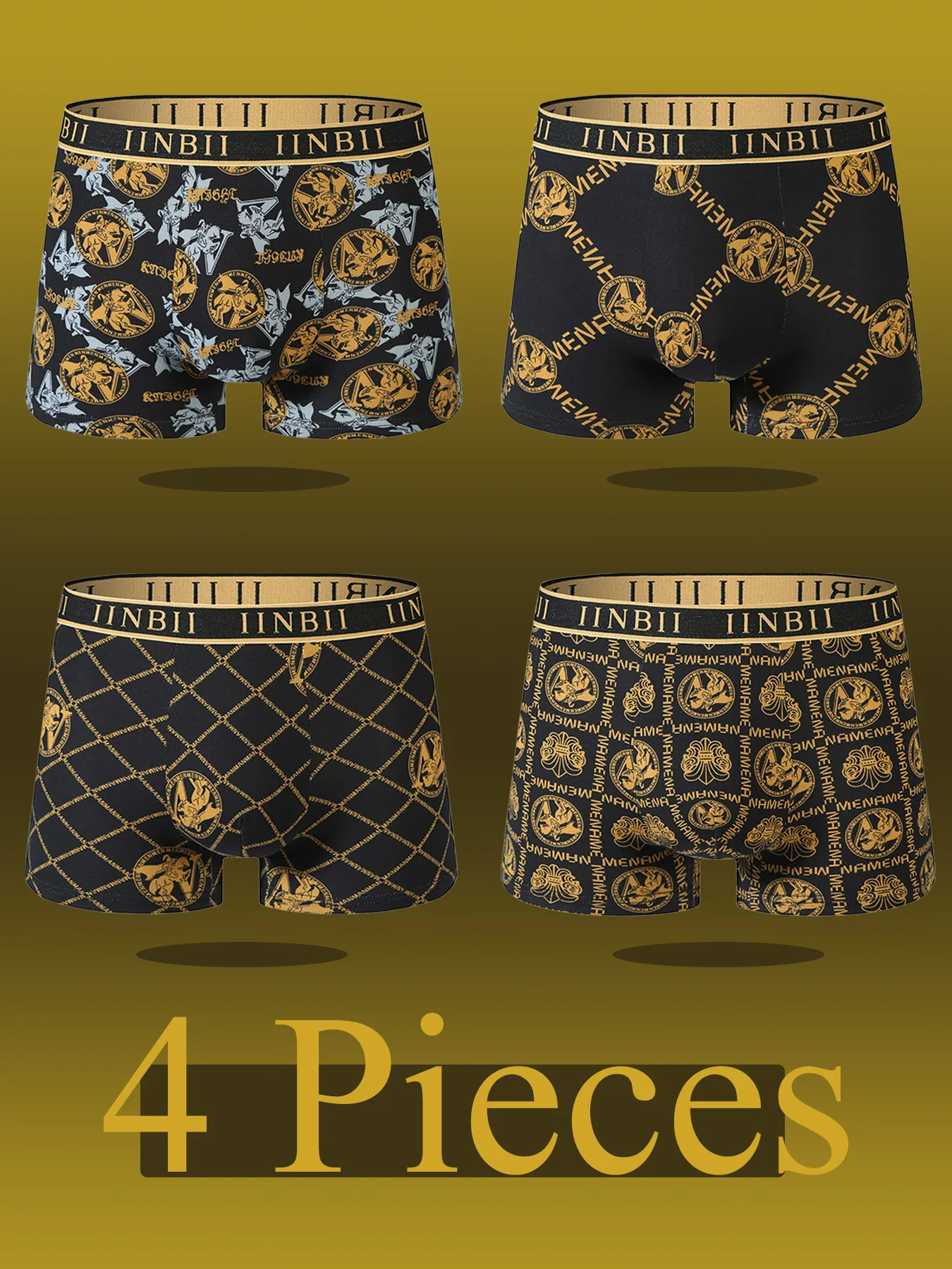 

4PCS High-end men's printed boxer shorts, breathable and comfortable, black and gold printed men's underwear