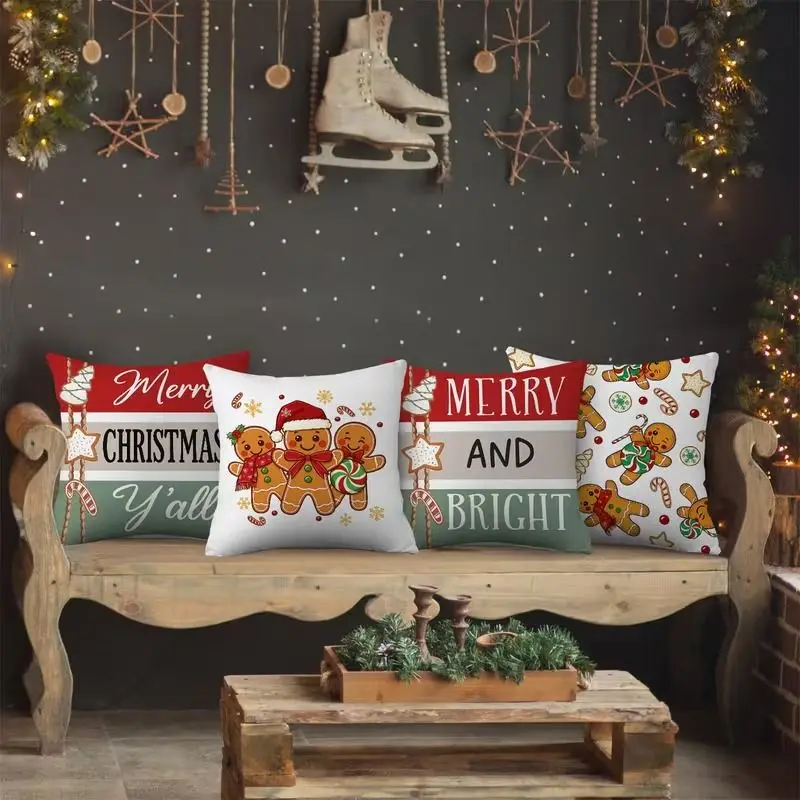 VIKAMA 4-Piece Set of Christmas Pillow Covers, Fun Winter Slogans for Bedroom and Living Room Cushions, Festive Home Decor