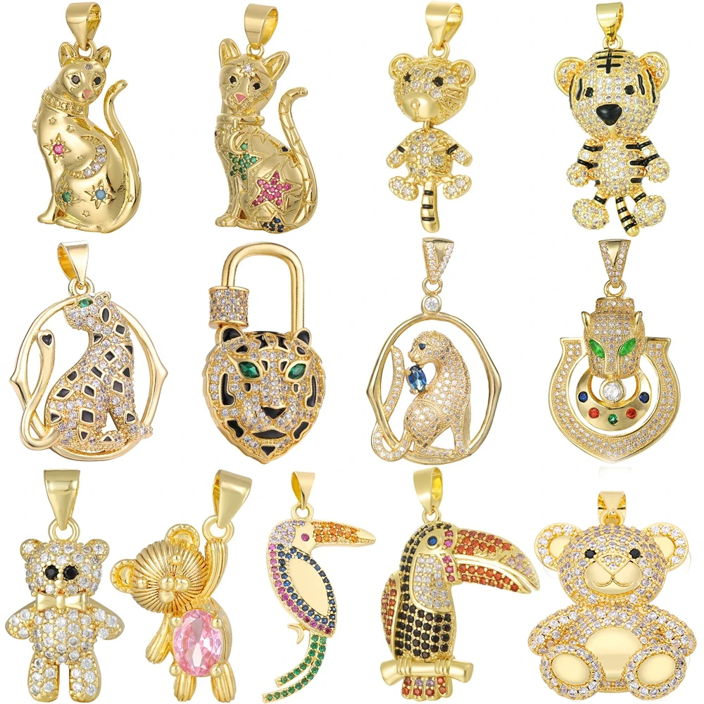 Juya New Designer 18K Gold Plated Pendants Handmade Cubic Zirconia Panther Leopard Tiger Bear Parrot Animal Charms Supplies