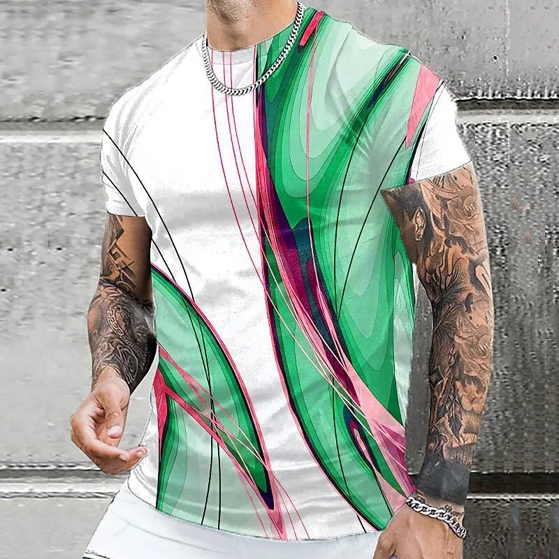 Herren-T-Shirt mit abstraktem grünem und rosa Linienmuster, lässig, Rundhalsausschnitt, kurze Ärmel, moderne geometrische Oberteile