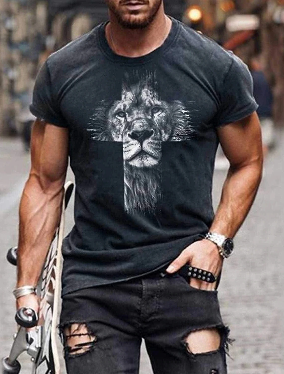 Men's Neutral T-Shirt Lion Print Round Neck Black and White 3D Printed Outdoor Street Short Sleeve Printed Clothing Sportswear