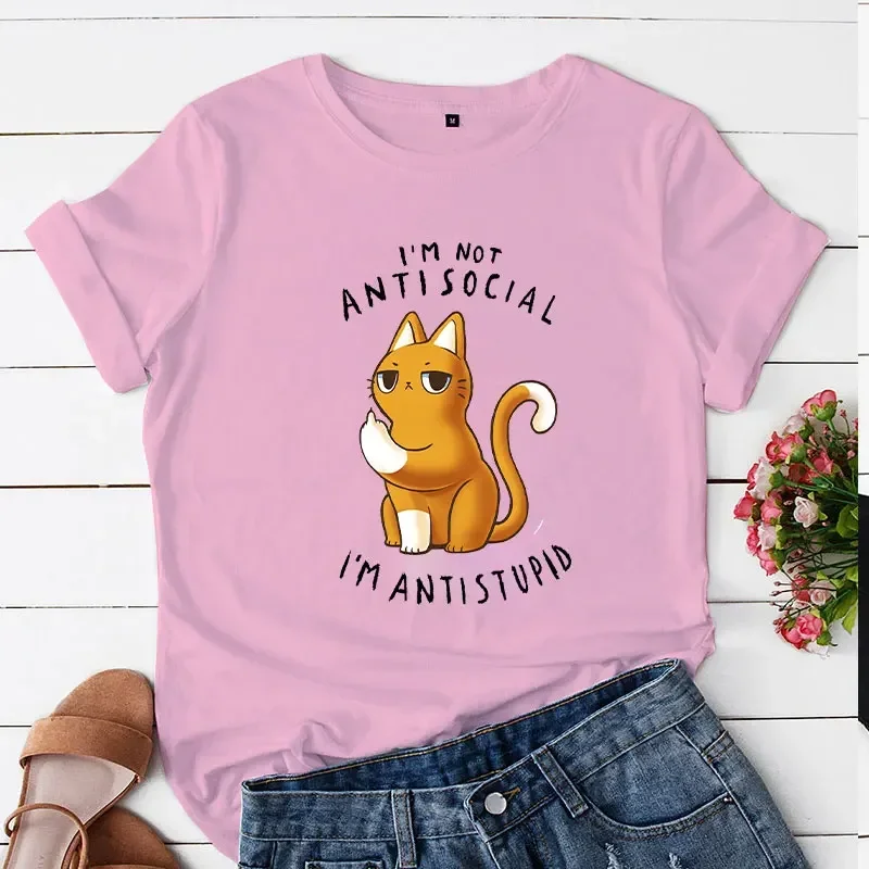 Camisetas casuais senhoras eu não sou antisocial eu sou antistupido tendência estética verão roupas femininas tshirt topos feminino gato dos desenhos animados tshirt