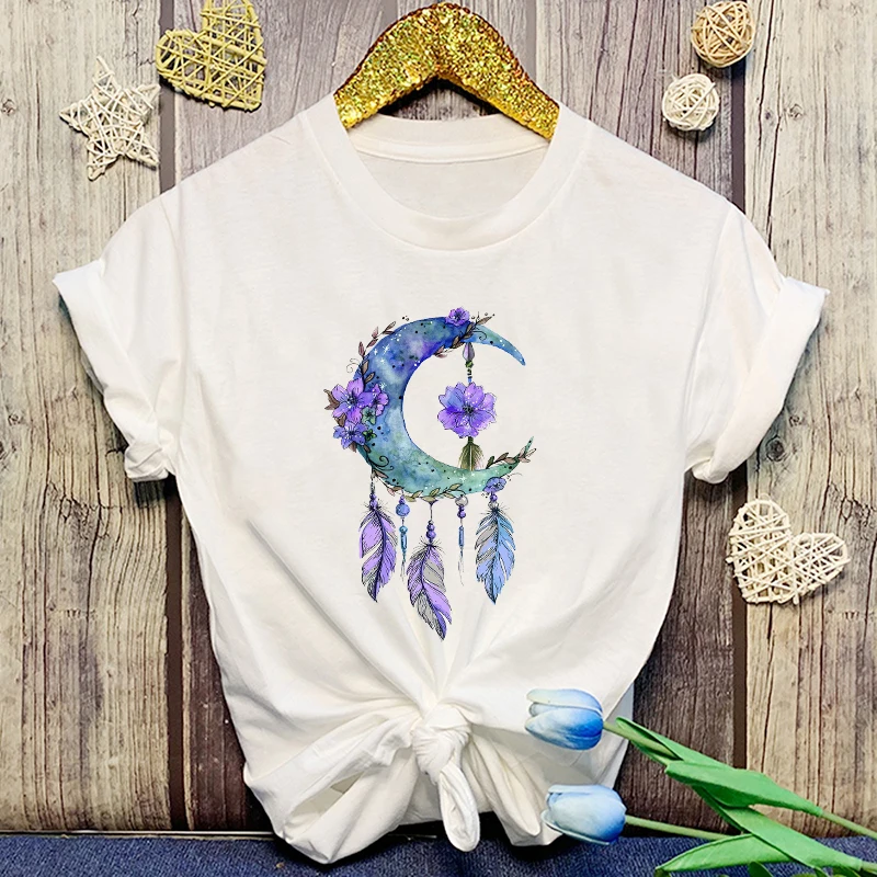 New Moon Dream Catcher Print T-Shirts For Women Men Summer Tee Shirt Harajuku Casual Round Neck Short Sleeve Tops