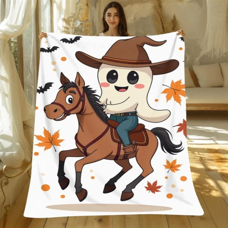 Cowboy Ghost Riding Horse Maple Leaf Halloween Printed Blanket Soft Lightweight Cartoon Home Sofa Bed Blanket