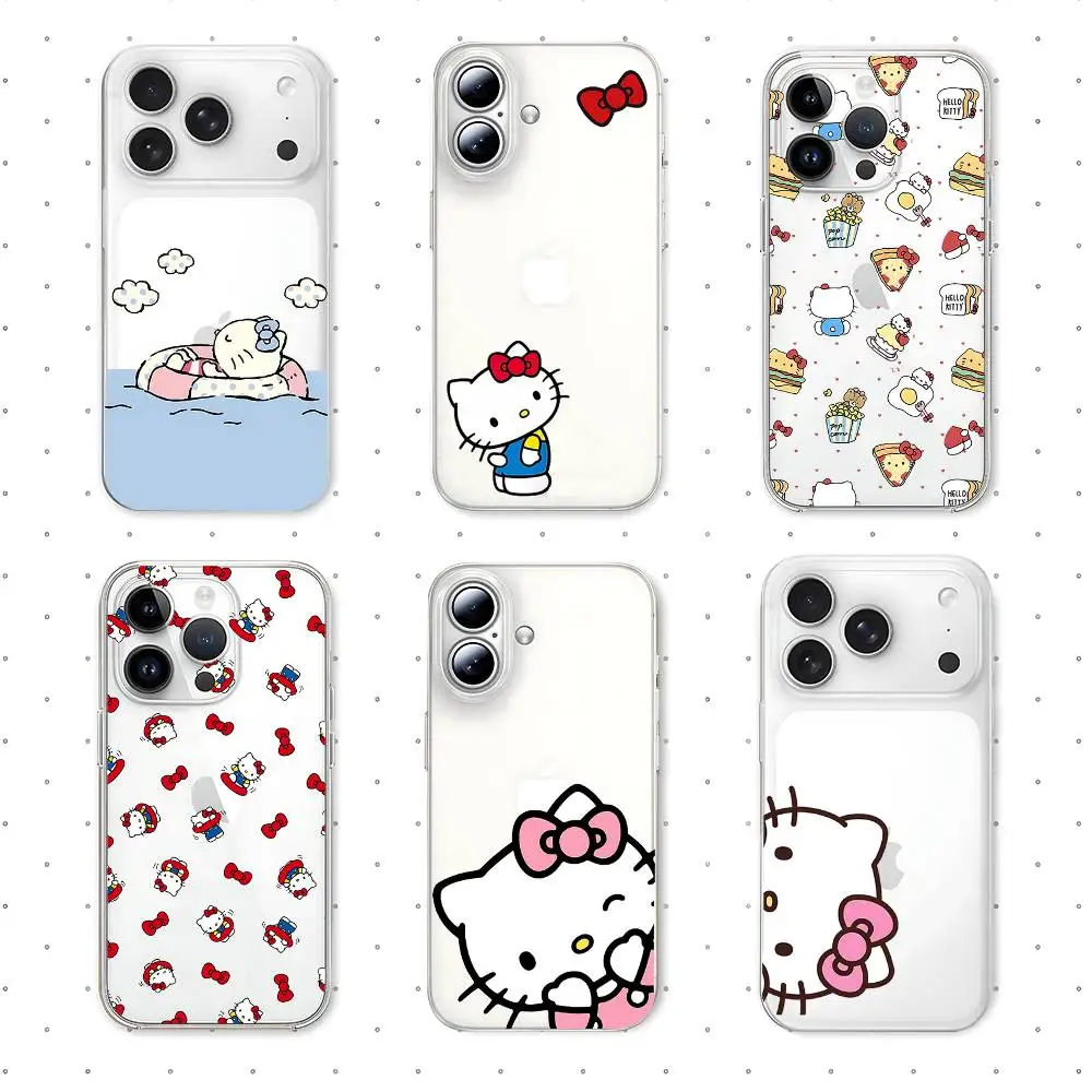 Coque de téléphone transparente mignonne motif dessin animé Hello Kitty Kawaii pour iPhone 17 16 15 11 13 14 Pro Max 7 8 Plus X Xr Xs Max Se2020 12mini