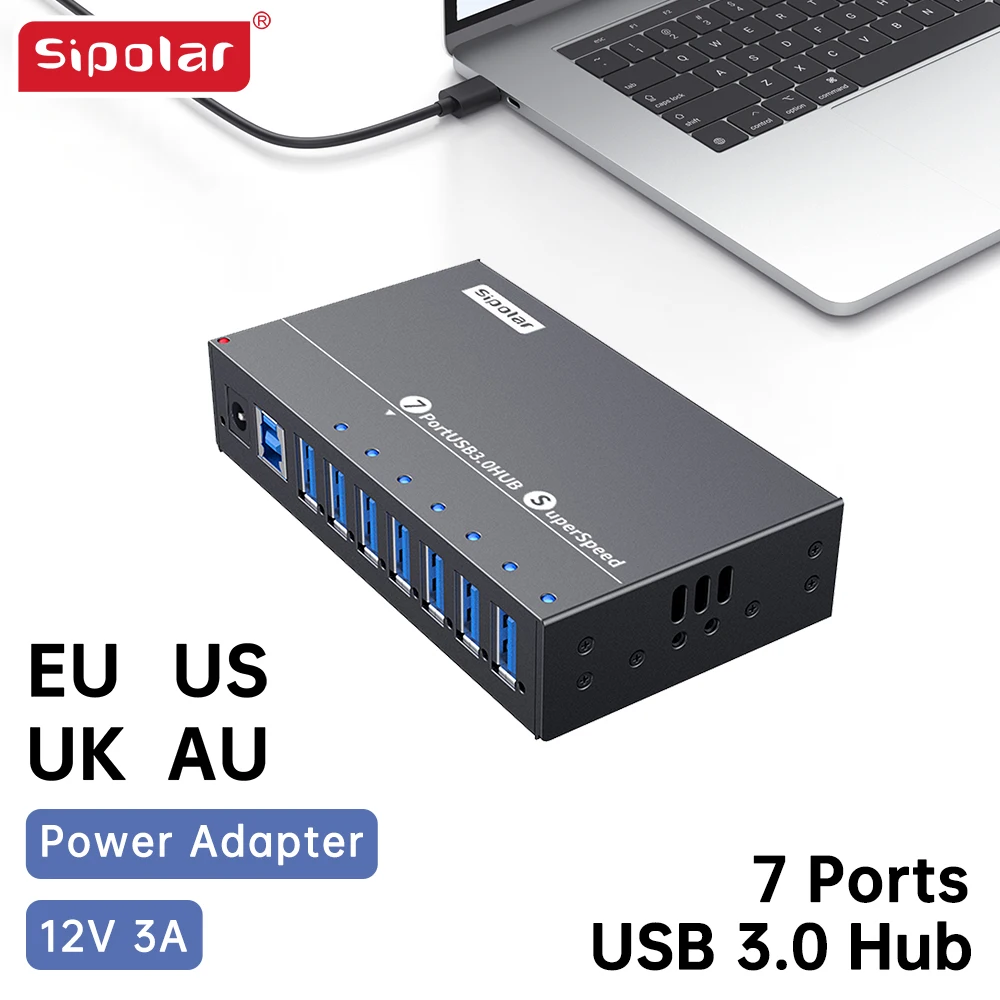 

USB 3.0 hub Sipoar A-173 data syncs and Charging Hub Portable 7 ports 36W Charger HUB with enternal 12V 3A power adapter