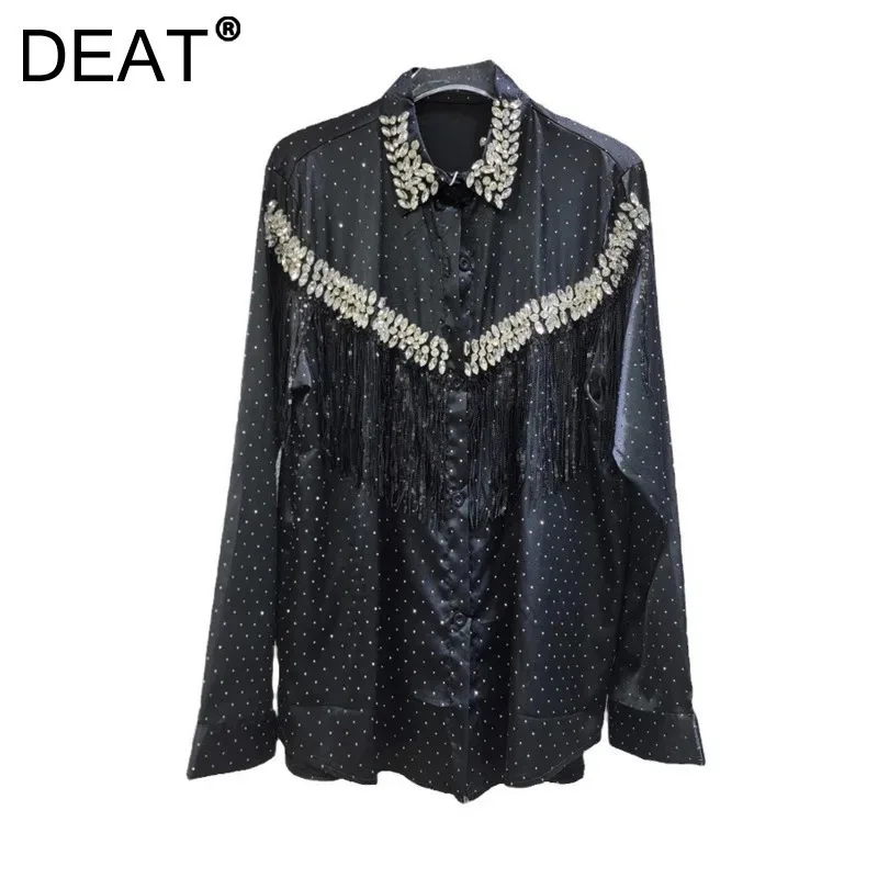 DEAT Women's Shirt Crystal Full Diamonds Loose Tassel Long Sleeve Thin Black White Blouse 2025 Spring New Fashion 11A02116