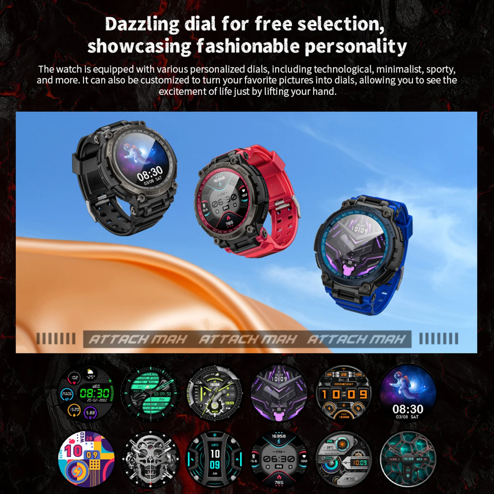 ساعة ذكية LOKMAT ATTACK MAX Bluetooth5.3، شاشة لمس 1.53 بوصة، متتبع اللياقة البدنية مع مكالمات BT IP68 ساعة رياضية مقاومة للماء