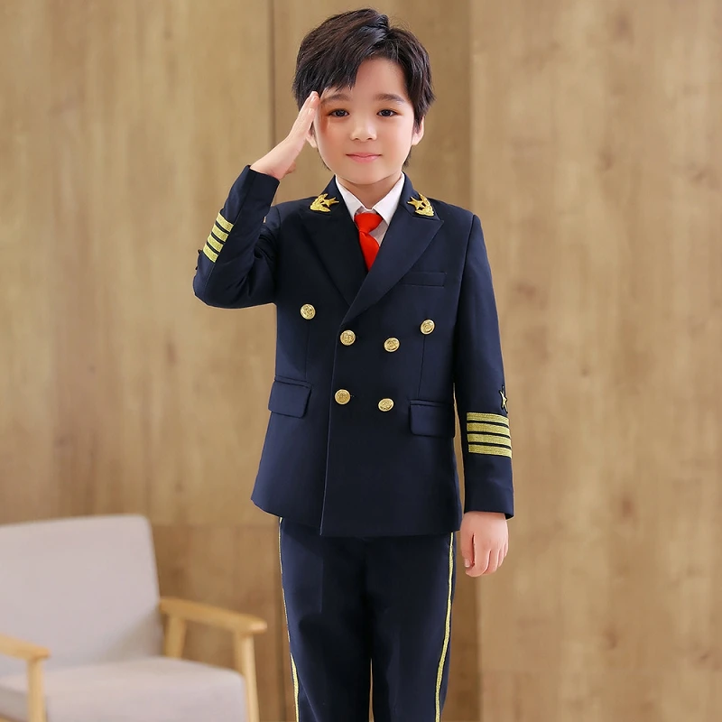 

Boys Slim Fit Suits Casual Wear Thin Childrens Teenager Pilot Uniform Host Performance Clothes Kids Blue Gentry Party Full Dress